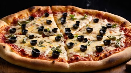 Wall Mural - Close-up of a delicious cheese and olive pizza, ready to serve.