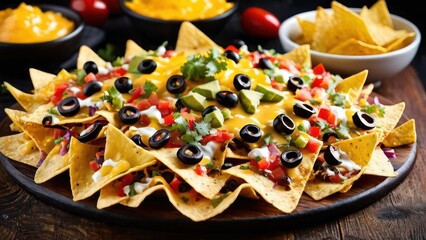 Canvas Print - A delicious Mexican dish of nachos topped with black beans, cheese and salsa on a platter, ready to be served.