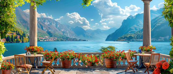 Wall Mural - Amazing wide view of Beautiful Lake in Italy View from terrace with flowers and wooden chairs with lush green mountains and blue water under clear blue sky