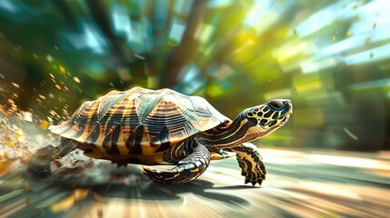 Turtle Fast. Turbo fast turtle running at high speed. Fast turtle running at full speed