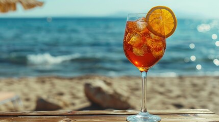 Sticker - Aperol spritz drink with orange garnish displayed on a wooden table at the beach Room for adding text