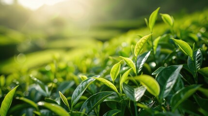 Wall Mural - Background of a Tea Plantation with Green Tea Leaves