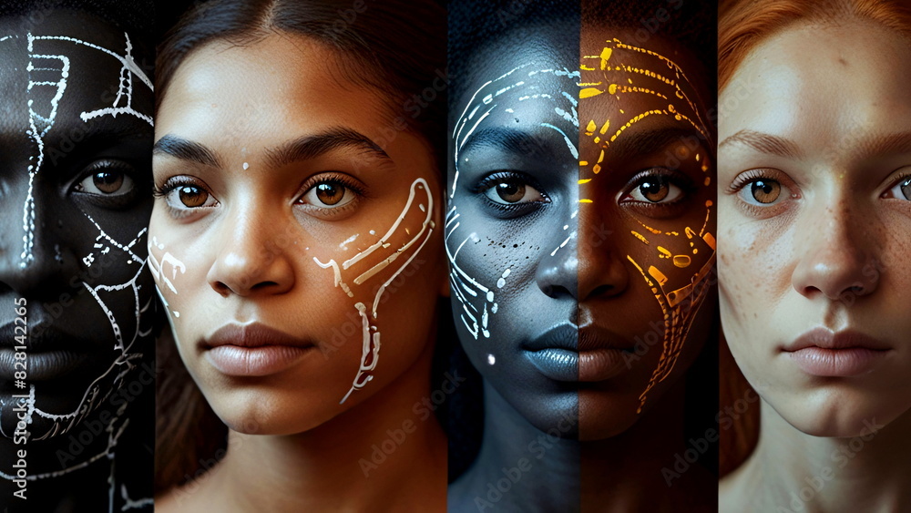 Full face shots of same age people of diverse group of different ...