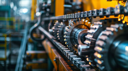 A machine with gears and chains is shown in a factory. Concept of industrial production and machinery