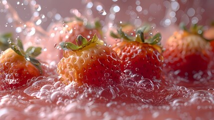 Wall Mural - strawberry juice splashing on a pink background