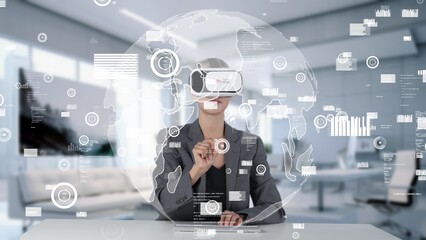 woman selecting market world dynamic data research analysis sliding graph monitor via vr global inno