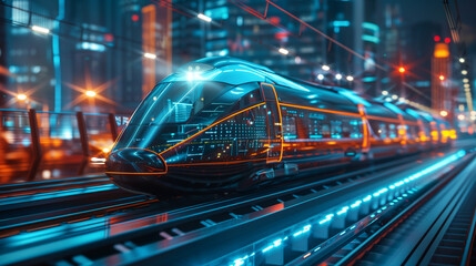 A futuristic train is traveling down a track in a city at night. The train is surrounded by bright lights and the cityscape is illuminated. Scene is futuristic and exciting