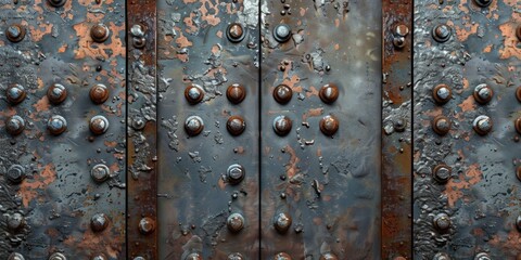 Wall Mural - The image is of a rusted metal door with many holes and screws