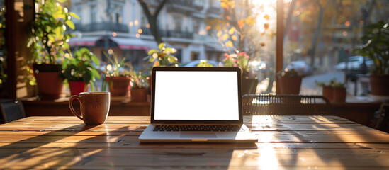 Wall Mural - A laptop is sitting on a wooden table with a cup of coffee next to it. The laptop is open and the screen is blank. The scene is peaceful and relaxing, with the sunlight streaming in through the window