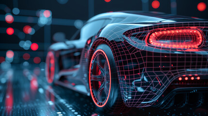 Wall Mural - A futuristic car with a red wheel and a black body. The car is surrounded by a glowing, abstract background