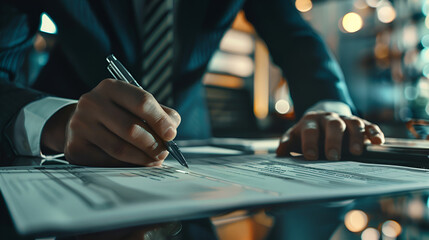 Wall Mural - A man is writing with a pen on a piece of paper. Concept of professionalism and focus, as the man is dressed in a suit and tie and he is working on important documents