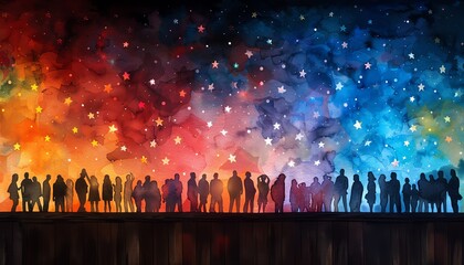 Silhouettes of people gazing up at a vibrant watercolor night sky filled with stars.