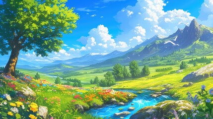 Wall Mural - A vivid landscape unfolds before us with a verdant forest a pristine river a meandering wild stream fluffy clouds decorating the sky vibrant flowers and trees dotting the fields and majesti
