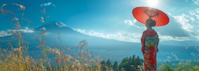 A woman from Asia dressed in a traditional Japanese kimono at Fuji Mountain