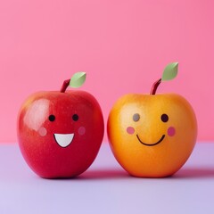 Two couple apple with smiley faces on a desk. International Friendship Day Concept.