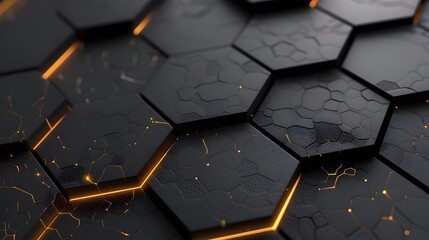 Wall Mural - luxury hexagonal abstract black metal background with golden light lines. dark 3d geometric texture 