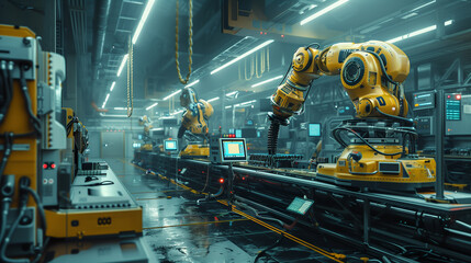 Wall Mural - A factory with robots working on a conveyor belt