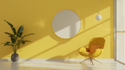 Wall Mural - yellow studio interior with round mirror and empty chair minimalist design 8