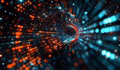Abstract digital background with glowing light rays and binary code in blue, orange and black colors. Big data technology concept