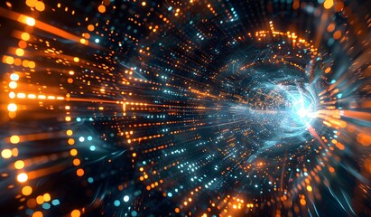 abstract digital background with glowing light rays and binary code in blue, orange and black colors
