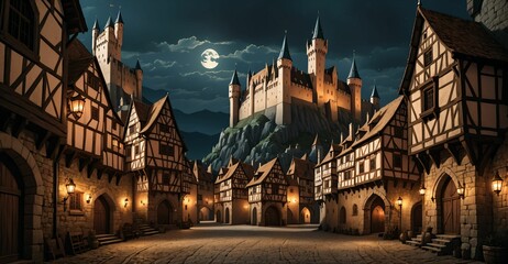 medieval gothic castle palace in city town at night under clouds and moon. old ancient cityscape.