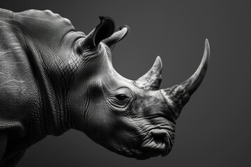 Majestic rhino in monochrome on mysterious black background for travel and adventure concept