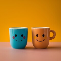 Two couple Cups with smiley faces on a desk. International Friendship Day Concept.