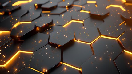 Wall Mural - luxury hexagonal abstract black metal background with golden light lines. dark 3d geometric texture 
