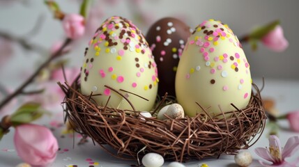 Poster - Easter eggs made of milk chocolate and white chocolate with confetti decorations on a nest