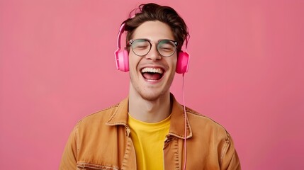 Wall Mural - Energetic Young Professional Smiling While Wearing Headphones in Creative Workspace