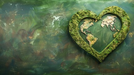 A heart-shaped planet on a green background. Earth Day, the concept of ecology and environmental protection, a large space for text.