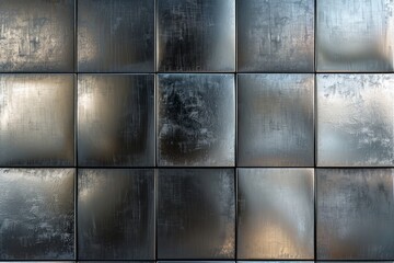 Wall Mural - The image is a close up of a tile wall with a metallic texture