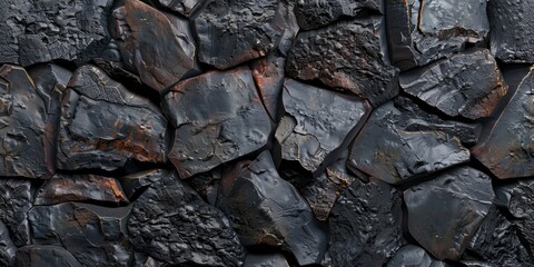 Wall Mural - A black and gray stone wall with a lot of cracks and holes