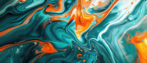 abstract art flat flowing splashes mixing teal orange color acrylic liquid paint