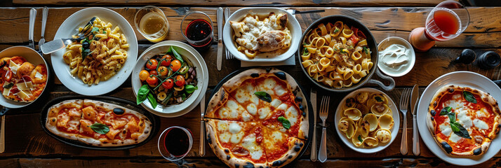 Italian cuisine with pizzas, pasta, and salads on a wooden table