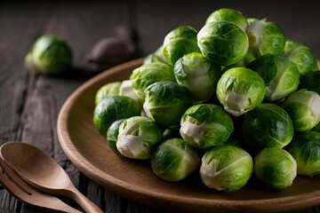 Wall Mural - Fresh Brussel cabbage on a wooden plate