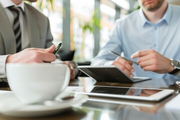 Wall Mural - A businessman in a suit with a tablet talking to customers and a meeting with a woman in the morning is a successful business idea. The businesswoman is making a sales pitch.