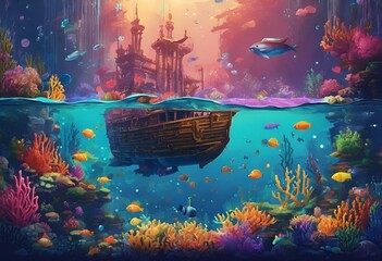 Wall Mural - AI generated illustration of an underwater scene with coral and fish on seabed