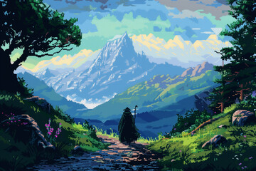 Sticker - an image of a mountain in the background with some trees and flowers