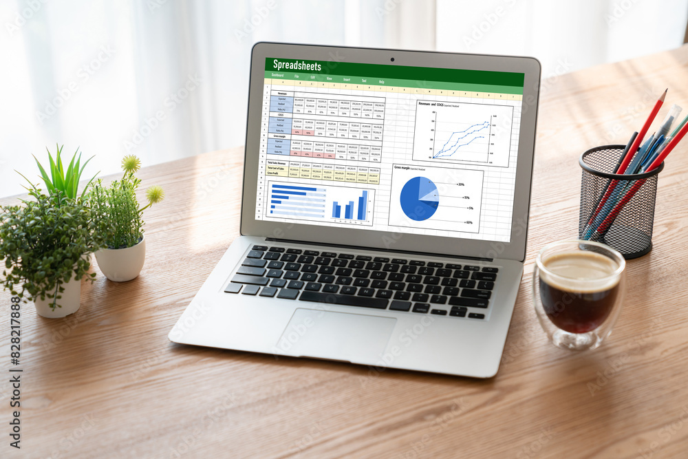 Spreadsheet document information financial startup concept. data and ...