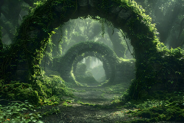 Canvas Print - Moss-Covered Forest Archway with Tangled Vines and Roots,Dappled Sunlight Filtering Through Lush Canopy,Mystical Pathway in Timeless Arcadian