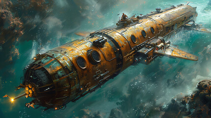 Wall Mural - illustration of a steampunk submarine exploring the depths of the ocean with brass portholes spinning propellers and adventurers peering through the viewport at the wonders of the deep