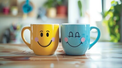 Two couple Cups with smiley faces on a desk. International Friendship Day Concept.