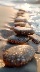 Wall Mural - Smooth,Weathered Stones on a Golden Sandy Beach Worn by the Rhythmic Ebb and Flow of Waves