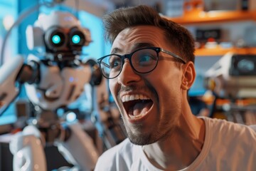 Wall Mural - Excited man in a modern robotics lab, with a robot in the background, closeup