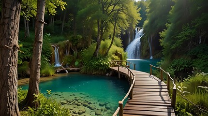 Wall Mural -  wooden walkway through a lush green forest leads to a beautiful