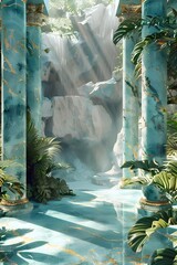 Wall Mural - Sumptuous Marble Sanctuary Enveloped in Azure Haze with Lush Tropical Foliage and Crystalline Waterfalls