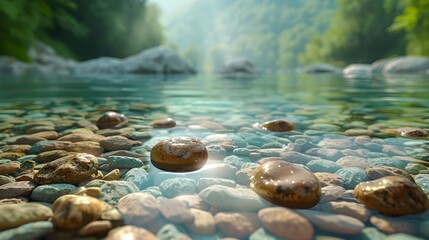 Canvas Print - Sunlit River Rocks in Earthy Hues with Lush Green Shoreline and Serene Ambiance