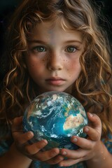 Wall Mural - Thoughtful Child Cradling the Fragile Earth in Plastic-Wrapped Embrace,Poignant Environmental Message in Cinematic Pop Art Style