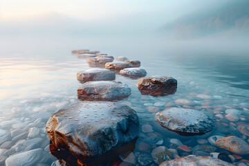 Wall Mural - Tranquil Lakeshore with Glistening Stones in Hazy Morning Atmosphere:Baroque-Inspired Scenic Countryside Backdrop with Rendering